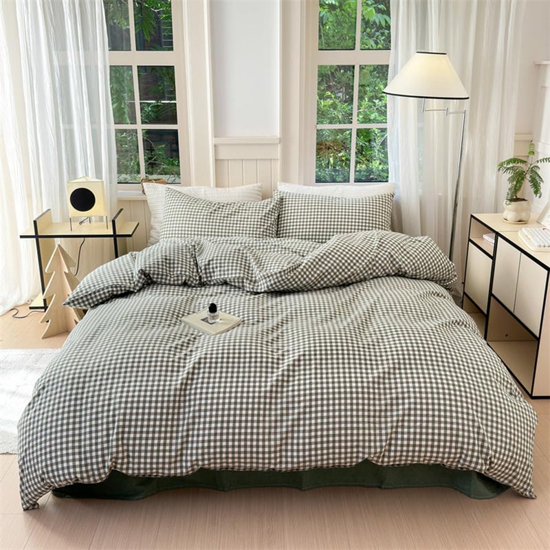 Mucalis Green Gingham Duvet Cover King 100% Washed Cotton Checked Duvet Cover Set Modern Plaid 3 Piece Grid Bedding Set with Zipper Closure Corner Ties Durable Breathable Easy Care - Image 1